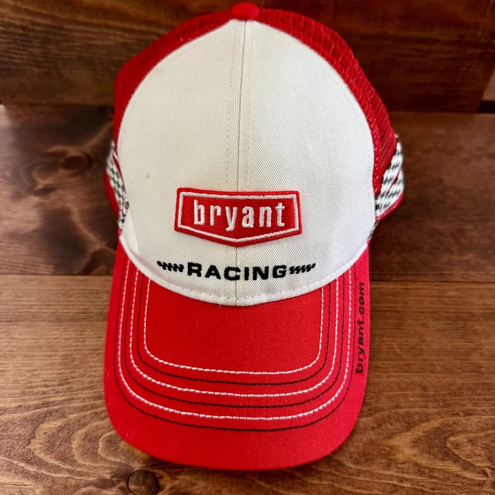 Bryant Racing Trucker Hat Red White Checkered Mesh Snapback Cap Automotive
